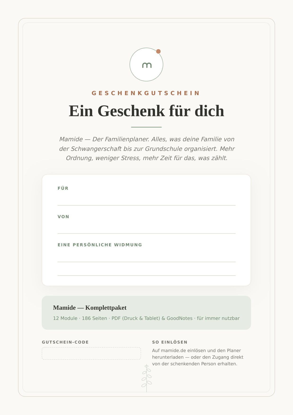 Mamide Geschenkgutschein zum Ausdrucken und Überreichen