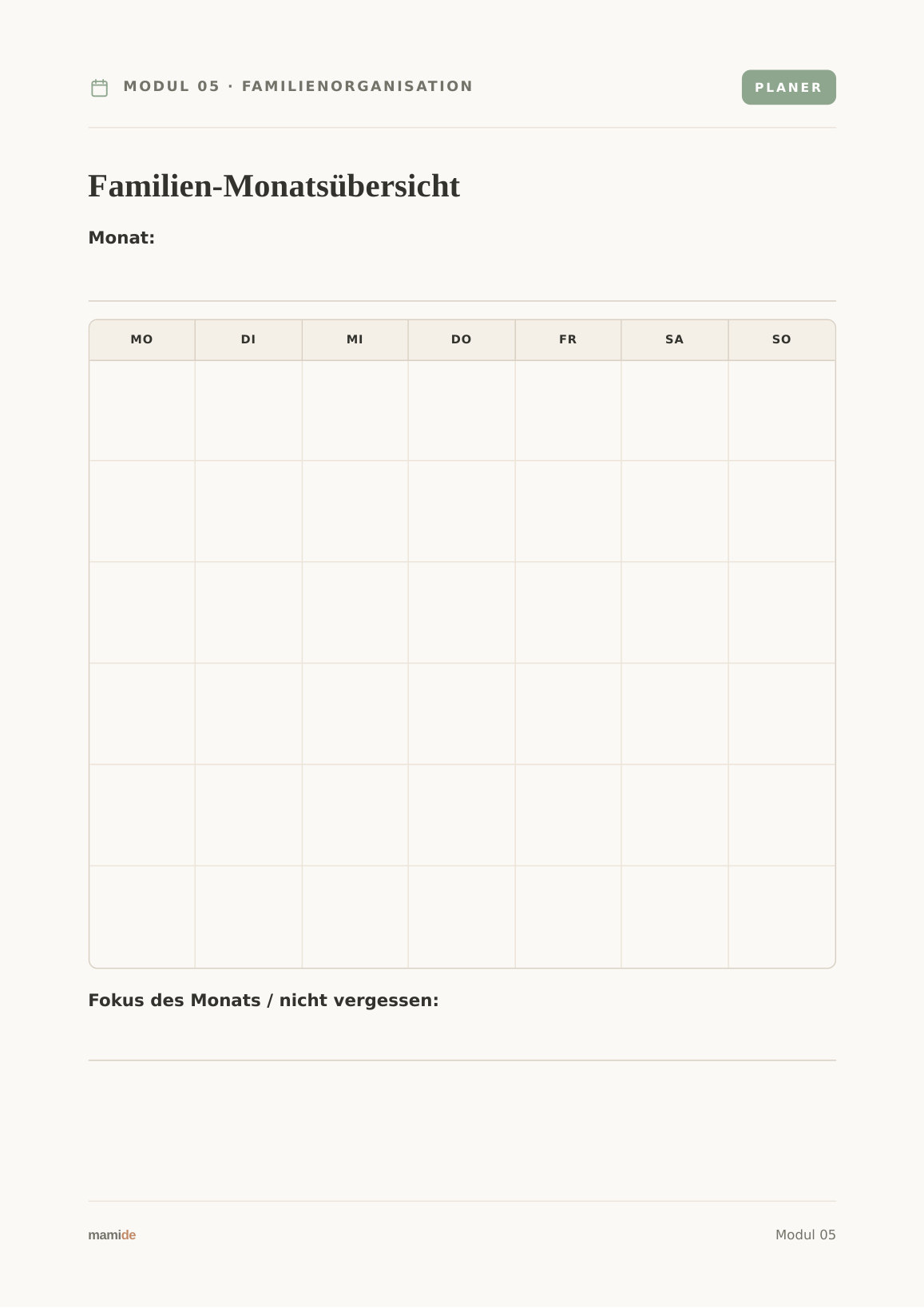 Monats-Kalender aus dem Mamide Familienplaner